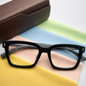 Premium Black Square Eyeglasses with Wood Texture Temples – Modern Stylish Frame